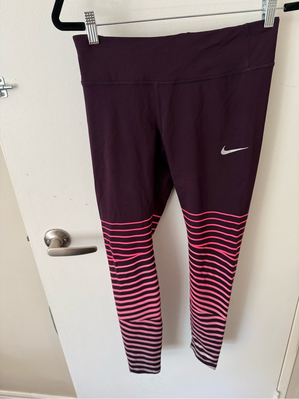 Nike women Dark Purple Leggings with Pink Striped Lower Legs medium